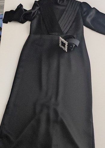 Siyah saten Uzun Kadın Elbise - Görsel 4