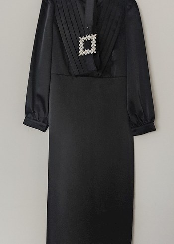 Siyah saten Uzun Kadın Elbise - Görsel 6