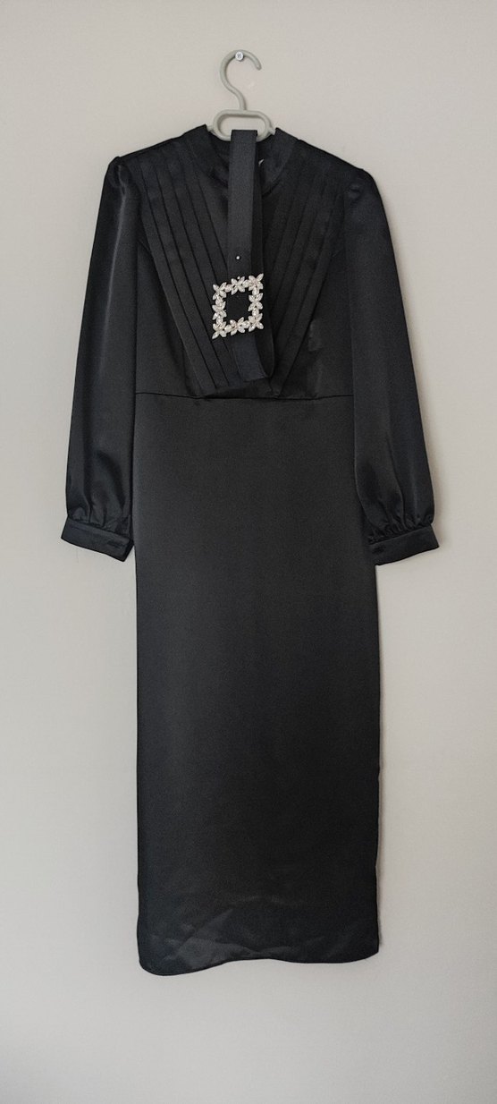 Siyah saten Uzun Kadın Elbise - Görsel 3