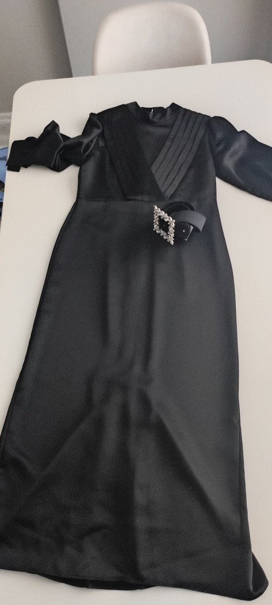 Siyah saten Uzun Kadın Elbise - Görsel 4