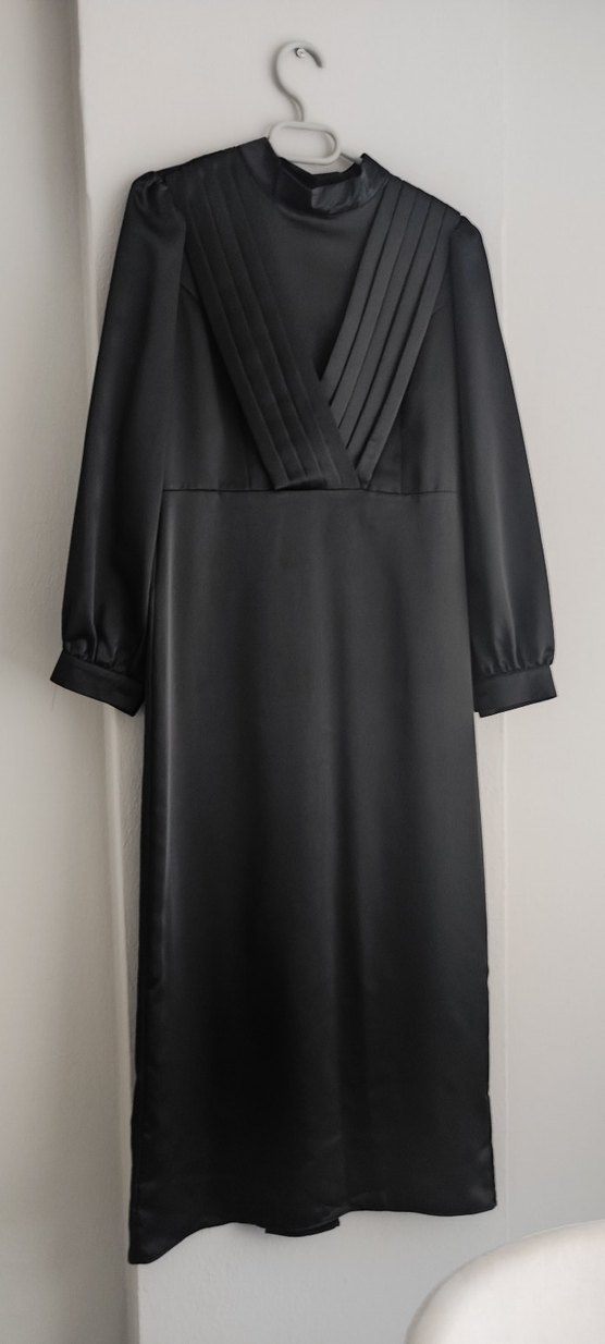 Siyah saten Uzun Kadın Elbise - Görsel 5