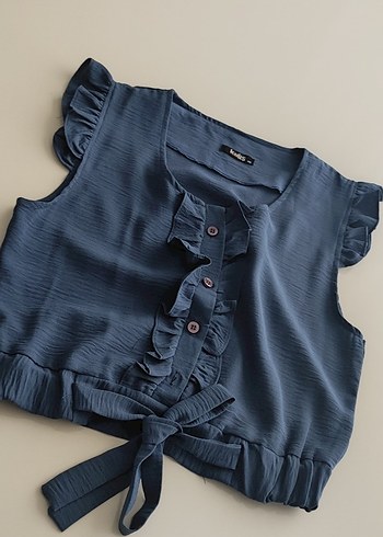 Mavi Kolsuz Fırfırlı  Bluz - Görsel 3