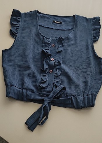 Mavi Kolsuz Fırfırlı  Bluz - Görsel 4