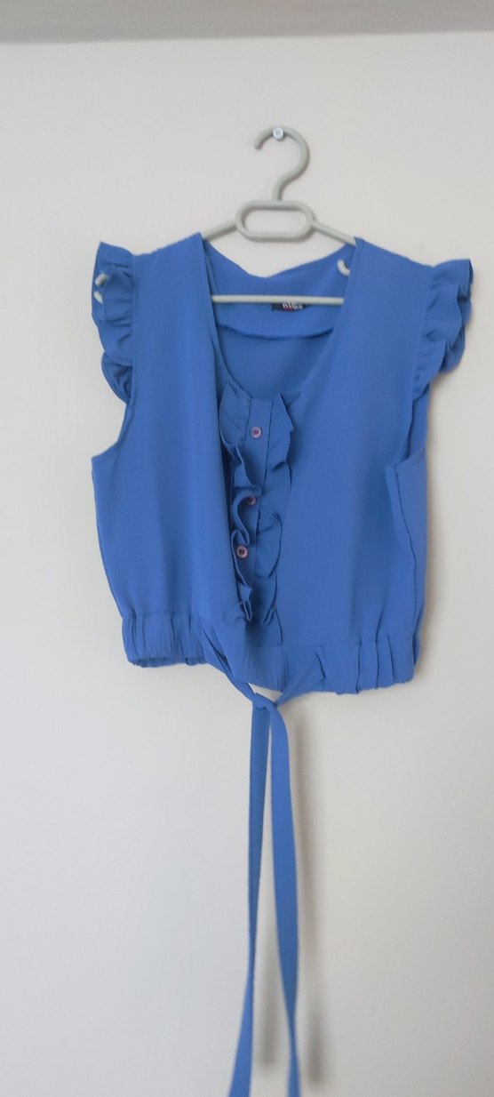 Mavi Kolsuz Fırfırlı  Bluz - Görsel 2