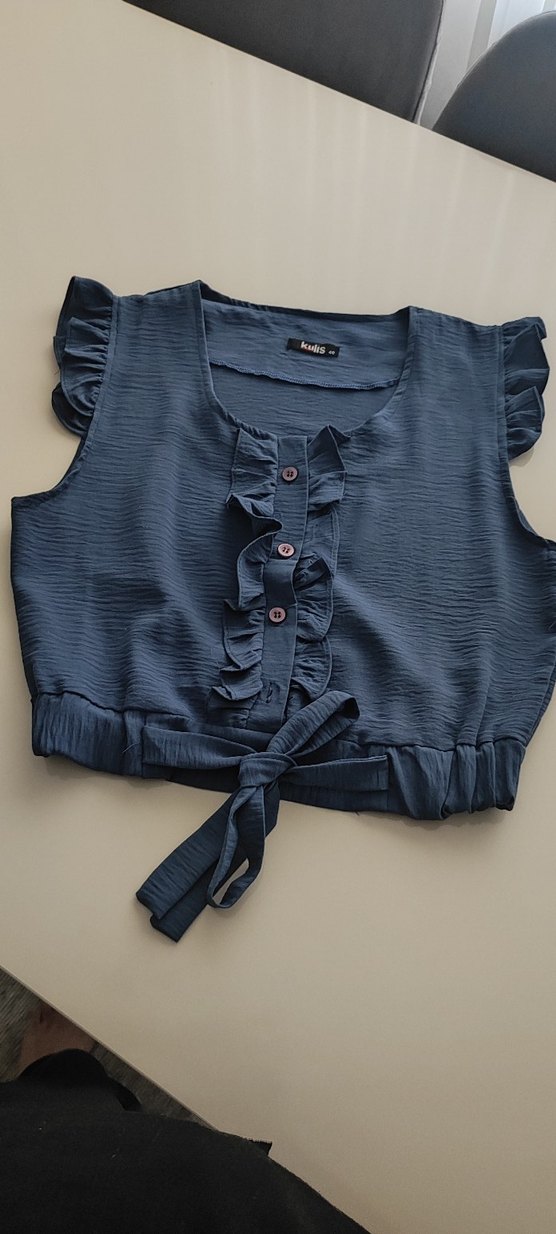 Mavi Kolsuz Fırfırlı  Bluz - Görsel 4