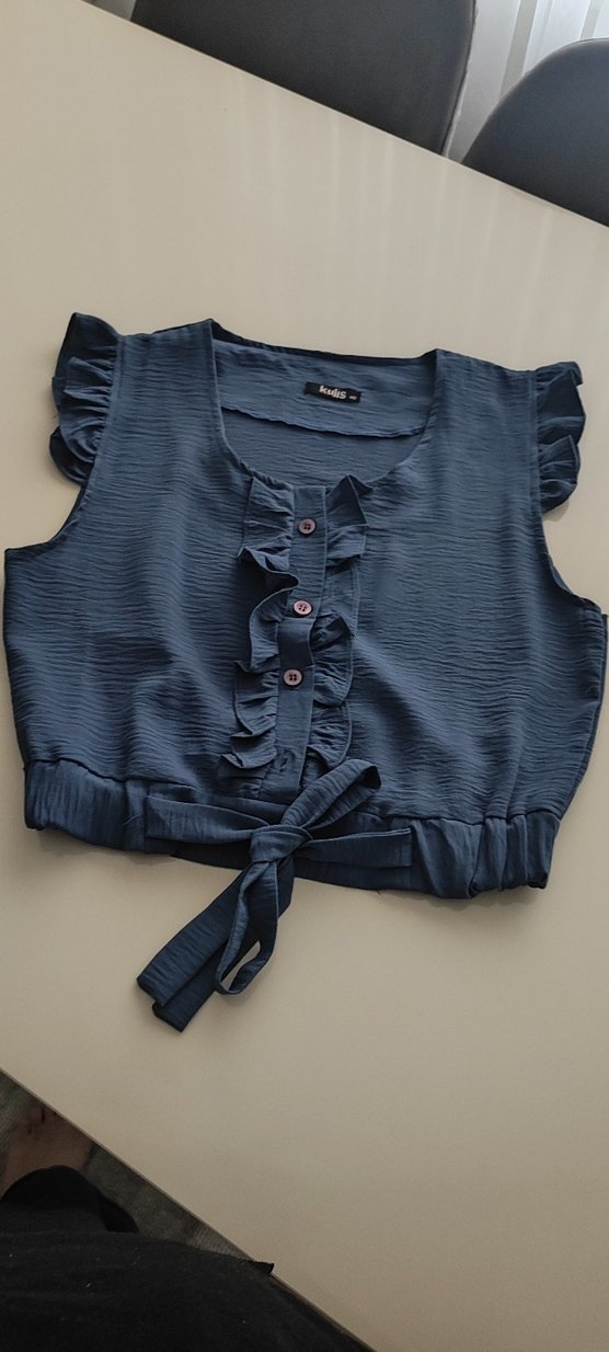 Mavi Kolsuz Fırfırlı  Bluz - Görsel 5