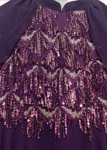 Mor İşlemeli Uzun Kollu Abiye Elbise - Görsel 2