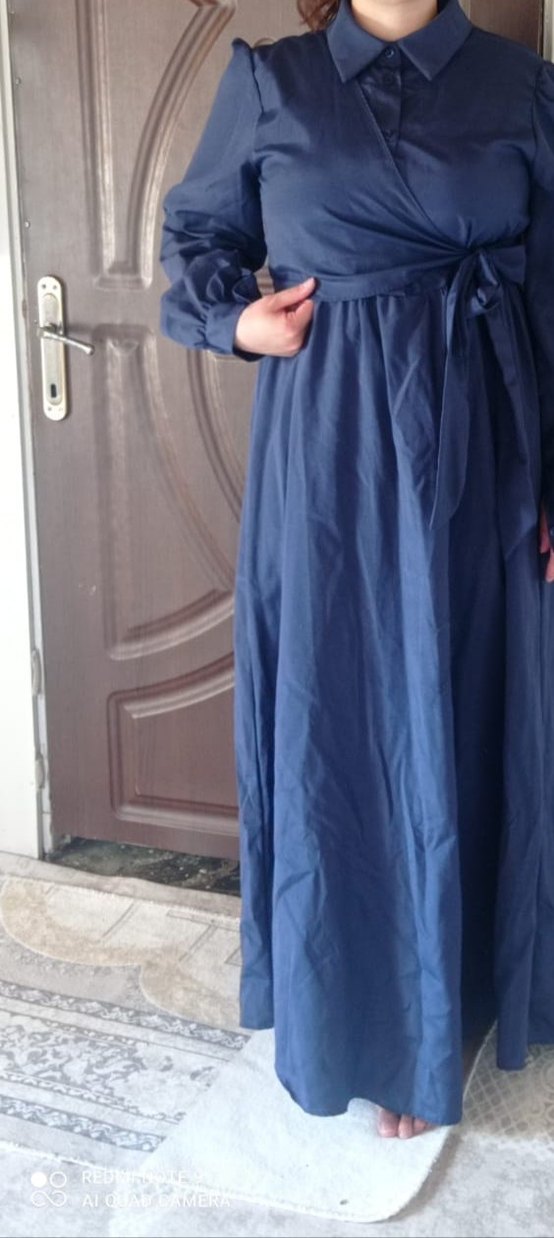 Lacivert Uzun Keten Salaş Elbise - Görsel 2