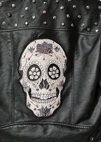 American Vintage Goth/Vintage Nakışlı Kuru Kafalı Deri Siyah Motorcu Ceketi