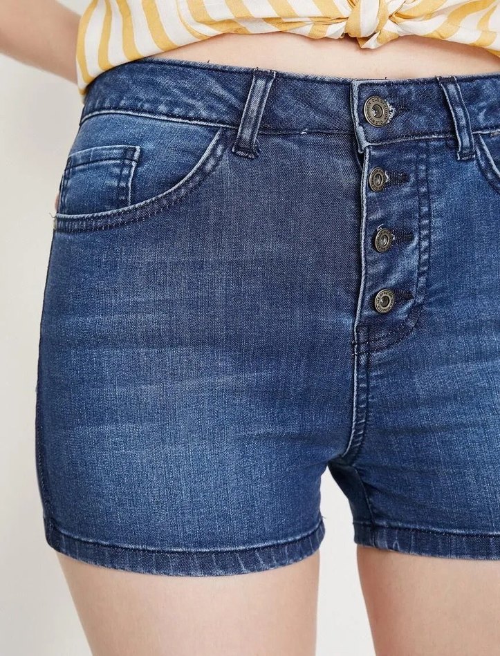 Düğmeli Lacivert Mini Kot Şort - Görsel 2