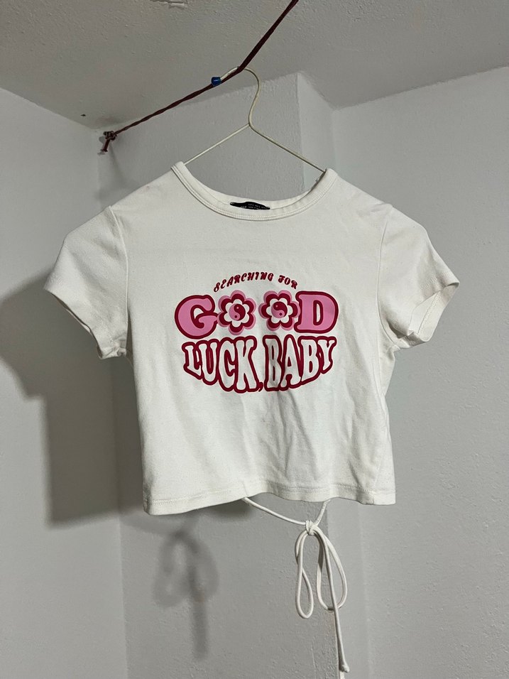 Baskılı Beyaz Mini Crop Tişört - Görsel 2