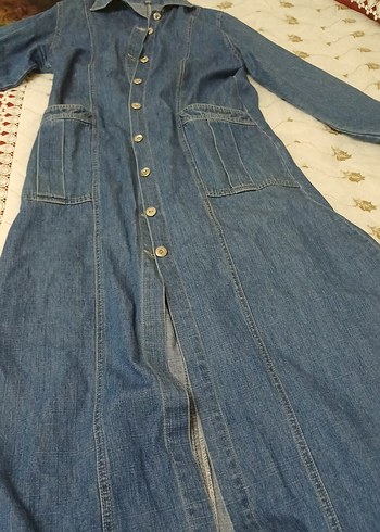Düğmeli Uzun Mavi Kadın Denim partüsü