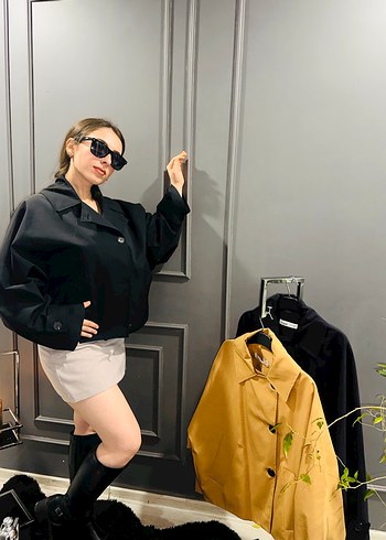 Siyah Yüksek YakalıTrenç Ceket - Görsel 4