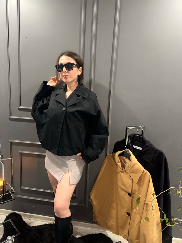 Siyah Yüksek YakalıTrenç Ceket - Görsel 3