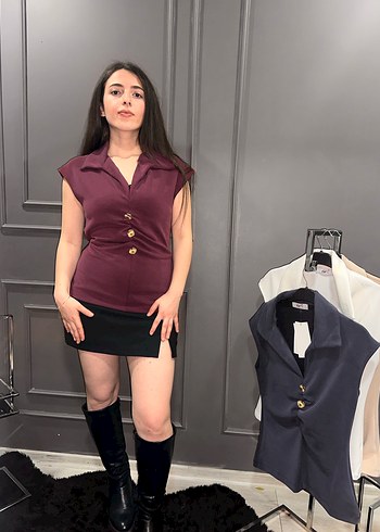 Düğmeli V Yaka Kolsuz bluz - Görsel 2