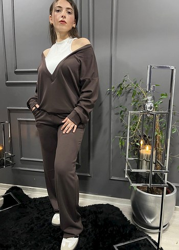 Kahverengi V Yaka Kadın Eşofman Takımı - Görsel 2