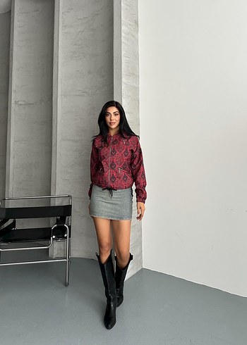 Bordo etnik Desenli Fermuarlı Kadın Ceket - Görsel 3