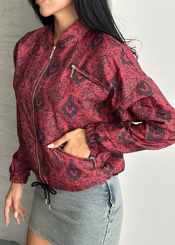 Bordo etnik Desenli Fermuarlı Kadın Ceket - Görsel 2