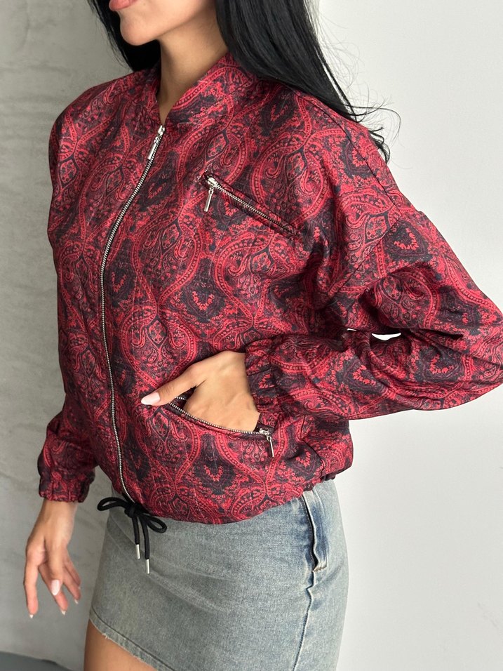 Bordo etnik Desenli Fermuarlı Kadın Ceket - Görsel 2