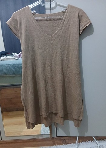 Bej V Yaka Kolsuz Triko Kadın Süveter - Görsel 2