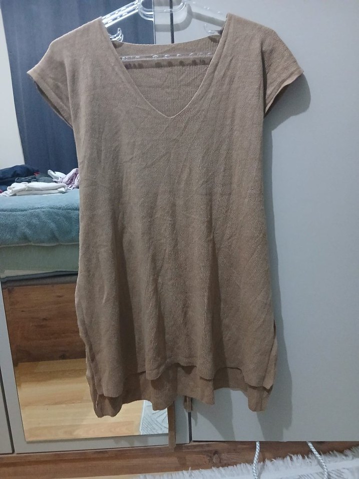 Bej V Yaka Kolsuz Triko Kadın Süveter - Görsel 2