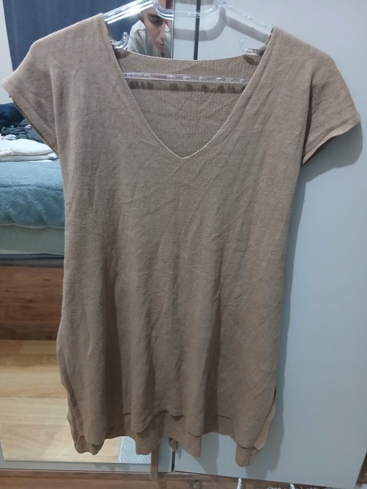 Bej V Yaka Kolsuz Triko Kadın Süveter - Görsel 3