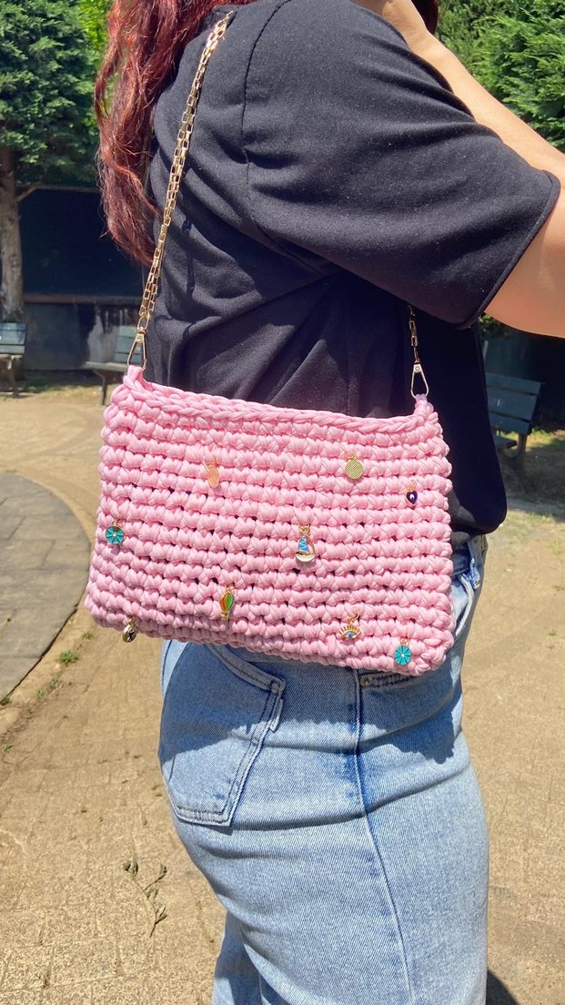 Nakışlı Pembe Örgü Kadın Çanta - Görsel 3