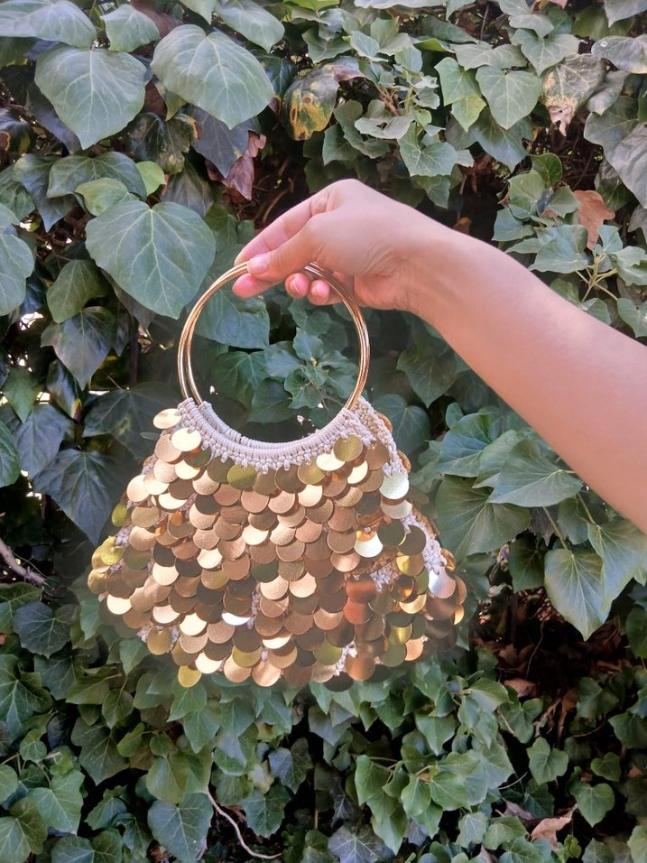 Altın Renkli Payetli Örgü Bohem Çanta - Görsel 2