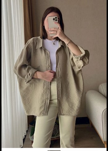 Yeşil Bol Kesim Tensel Kadın Gömlek - Görsel 2