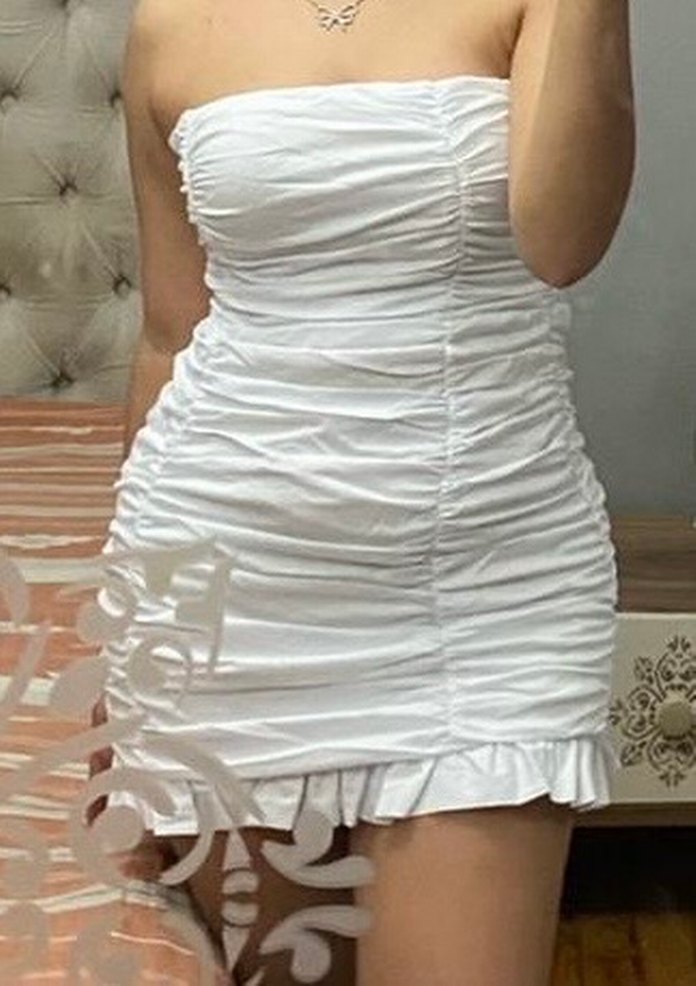 Beyaz Drapeli Mini Straplez Elbise - Görsel 3