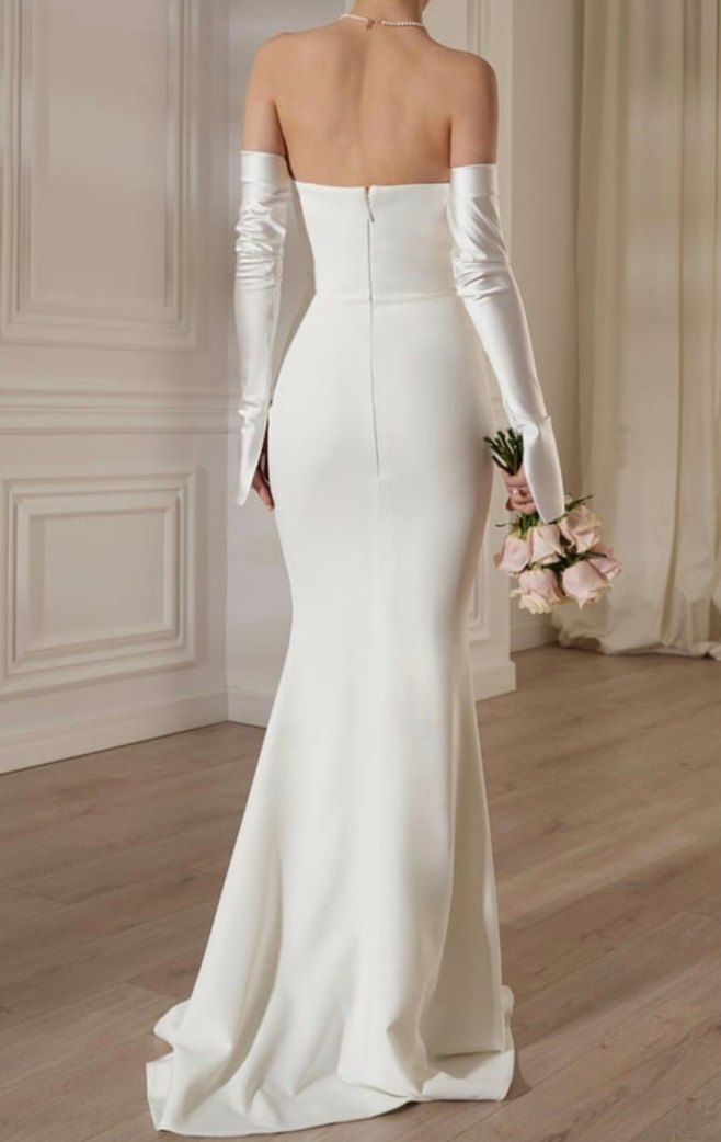 Bontesel Uzun Kollu Straplez Beyaz Balık Nikah Elbisesi - Görsel 3