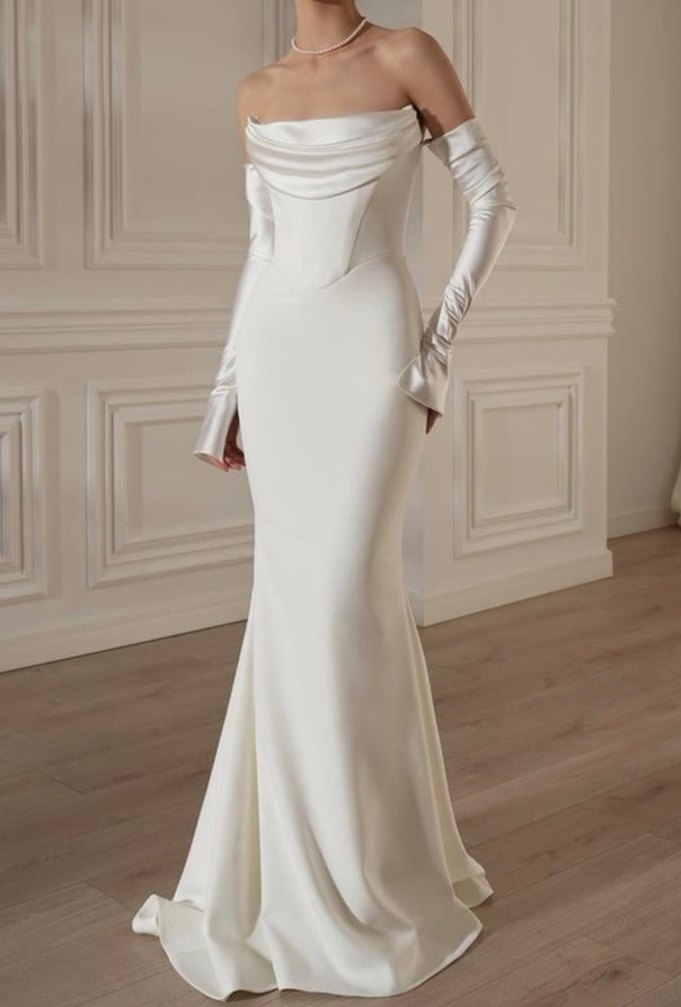 Bontesel Uzun Kollu Straplez Beyaz Balık Nikah Elbisesi - Görsel 4