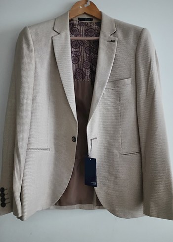 Erkek Bej Kendinden Desenli Slim Fit Blazer Ceket