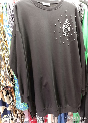 Siyah Payetli Uzun Kollu Kadın Tunik inciler dikme L/XL - Görsel 2