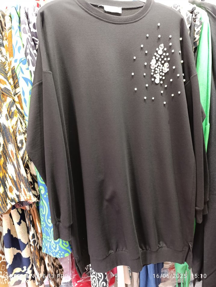 Siyah Payetli Uzun Kollu Kadın Tunik inciler dikme L/XL - Görsel 2