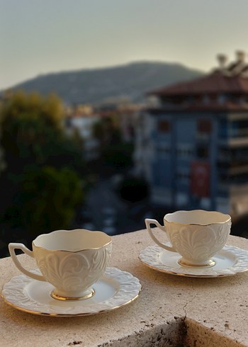 Beyaz Kabartmalı İkili Türk kahve Fincan Seti - Görsel 2