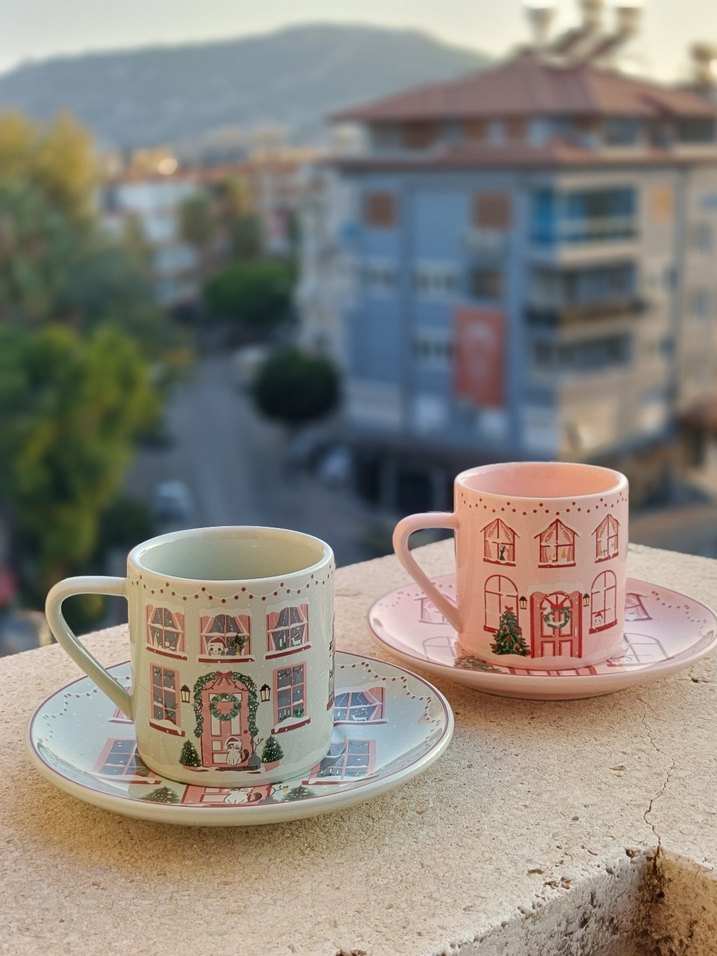 Pembe Ev Desenli Pastel Kupa ve Tabak Seti - Görsel 3