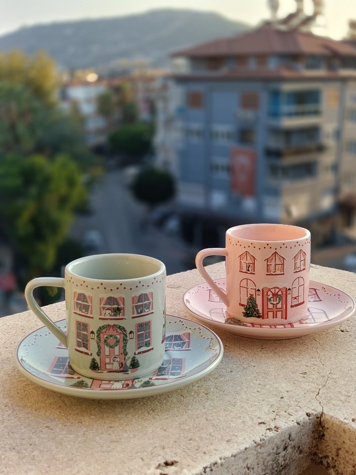Pembe Ev Desenli Pastel Kupa ve Tabak Seti - Görsel 2