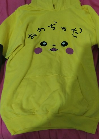 s Beden Sarı Kapüşonlu Kadın Sweatshirt Pikachu Desenli