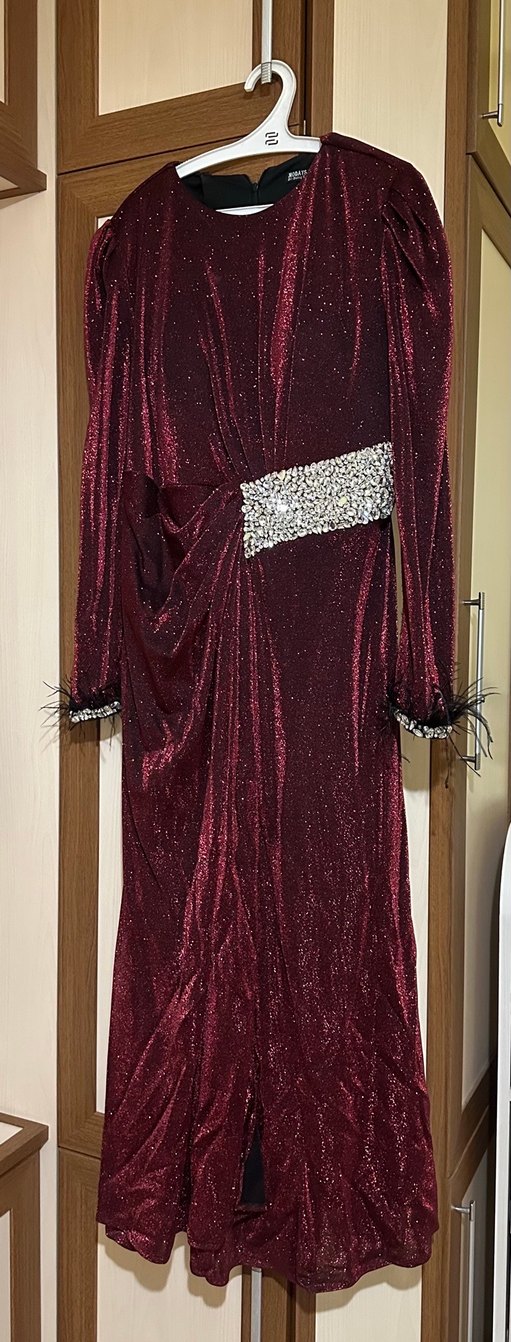 Bordo Uzun Kollu Drapeli Abiye Elbise - Görsel 3