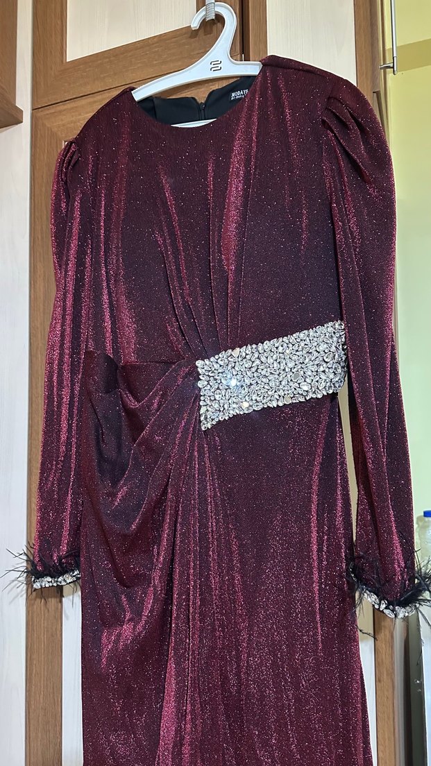 Bordo Uzun Kollu Drapeli Abiye Elbise - Görsel 4