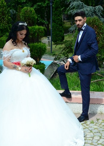 Beyaz Midi Boy Etnik Desenli Düğün Elbisesi