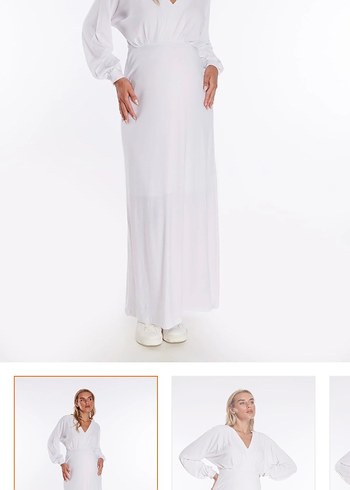 Uzun Kollu V Yaka Beyaz Kadın Elbise - Görsel 2