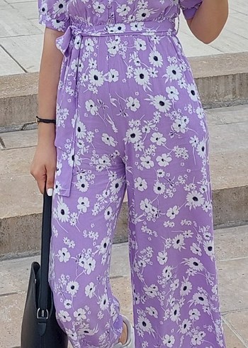 Mor Çiçek Desenli Midi Tulum