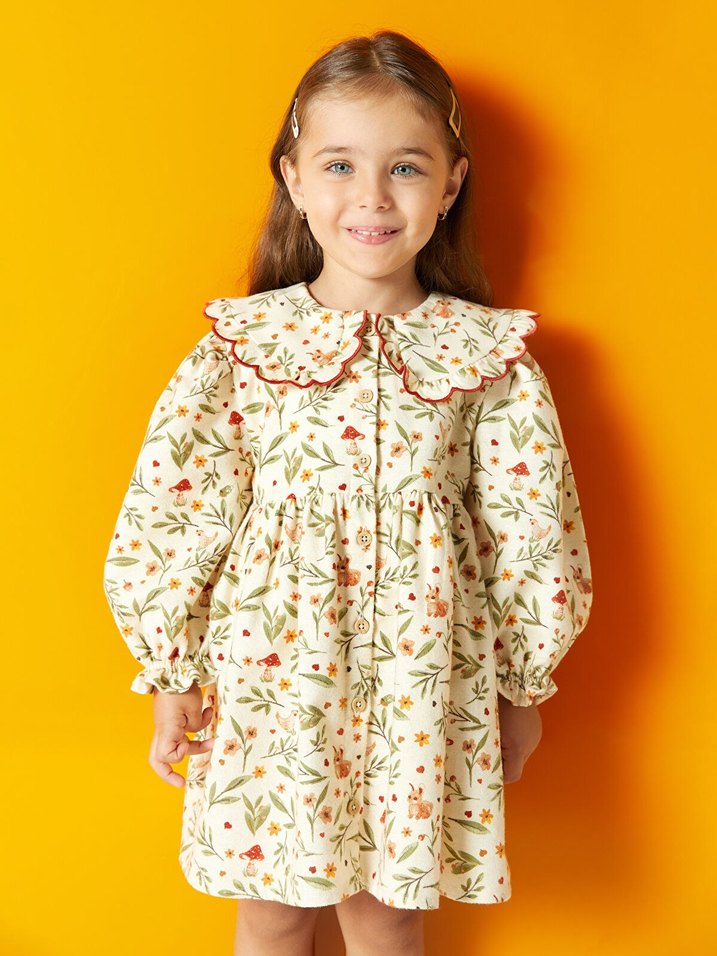 Sarı Çiçek Desenli Fırfırlı Kız Elbisesi - Görsel 2