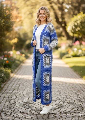 Uzun Örgü Kadın Hırka - Mavi Gri - Görsel 2