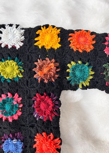 Çok Renkli Örgü Bohem Hırka 3 boyutlu çiçek motifli - Görsel 7
