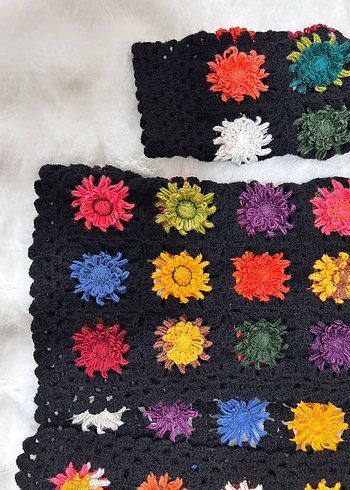 Çok Renkli Örgü Bohem Hırka 3 boyutlu çiçek motifli - Görsel 12