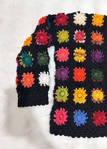 Çok Renkli Örgü Bohem Hırka 3 boyutlu çiçek motifli - Görsel 4