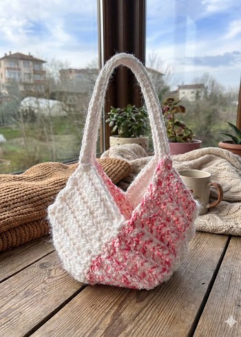 Beyaz Pembe Örgü Bohem Kadın Çanta - Görsel 6